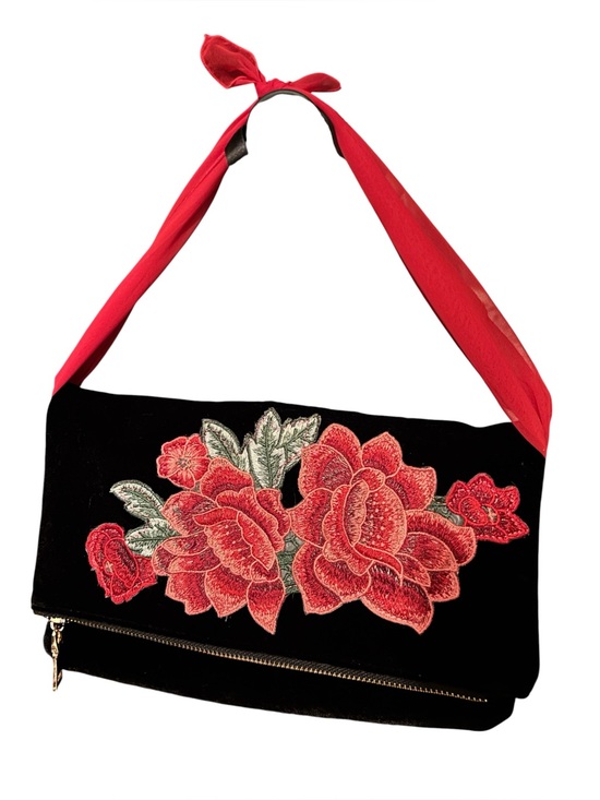 Urban Expressions Handbags - Urban Expressions Black Velvet Floral Embroidered Foldover Clutch Crossbo